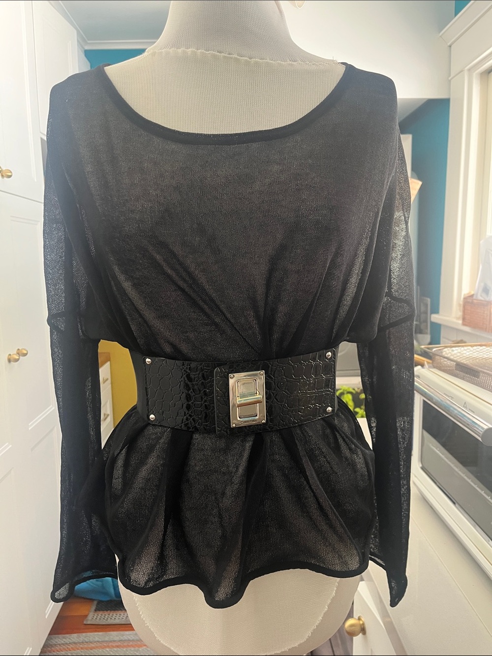 Calvin Klein Black Wide Croc-Texture Waist Belt with Silver Buckle